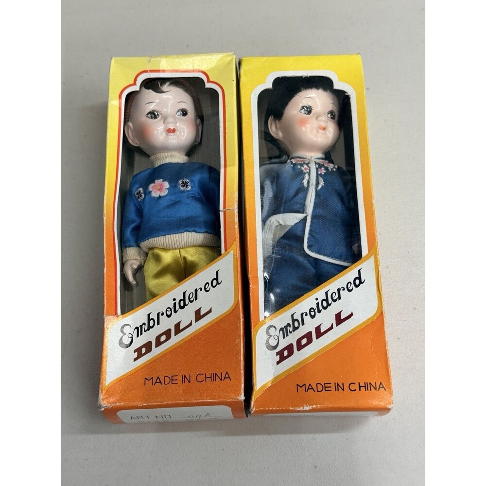 2 New Chinese Embroidered Doll Plastic Made In People's Republic China Vintage